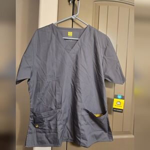 Gray Scrub Top with Yellow Accents